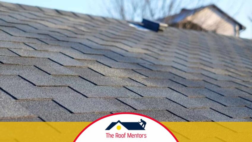 A house with a shingled roof and roofing words the roof masters.