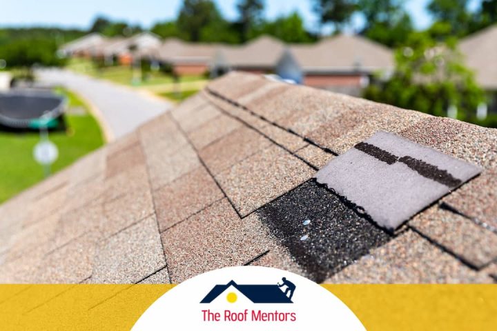 A shingled roofing contractor with the words the roof masters.